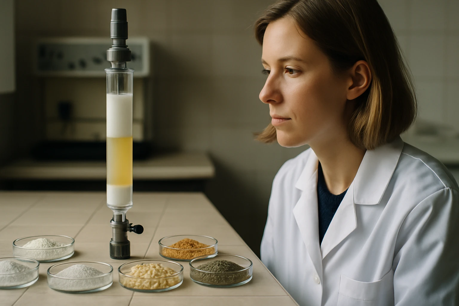 Egy laboratóriumi szakember figyeli a kémcsőben lévő folyadékokat és porokat.