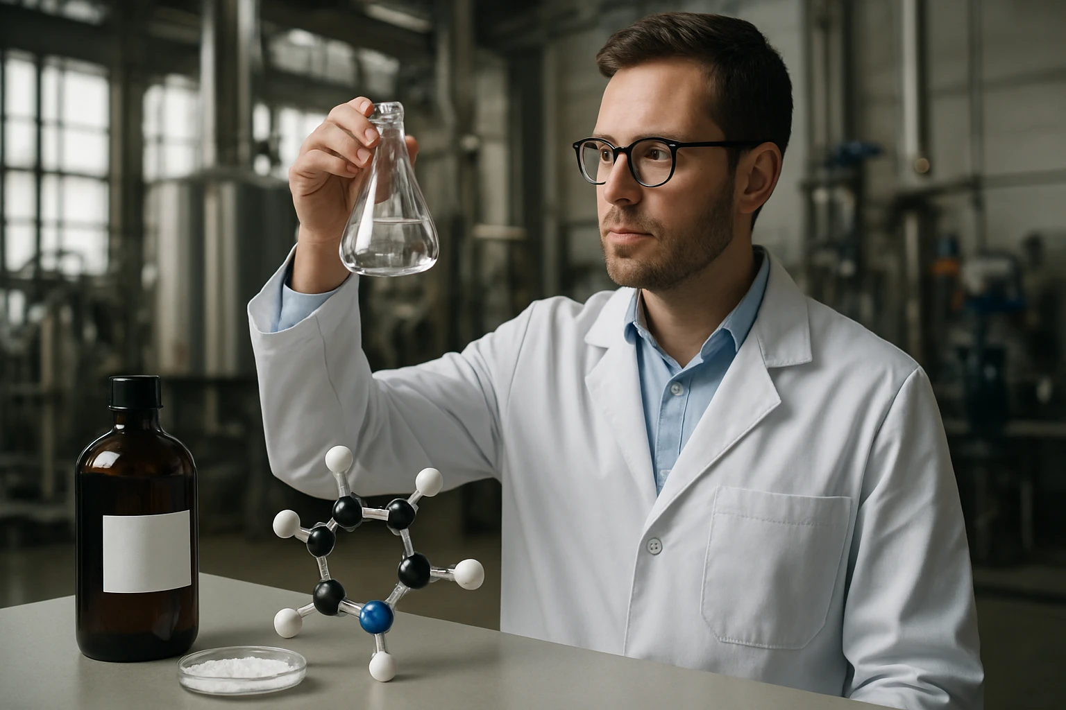 Egy laboratóriumi szakember kémcsövet tart a kezében, miközben egy molekulamodelt vizsgál.