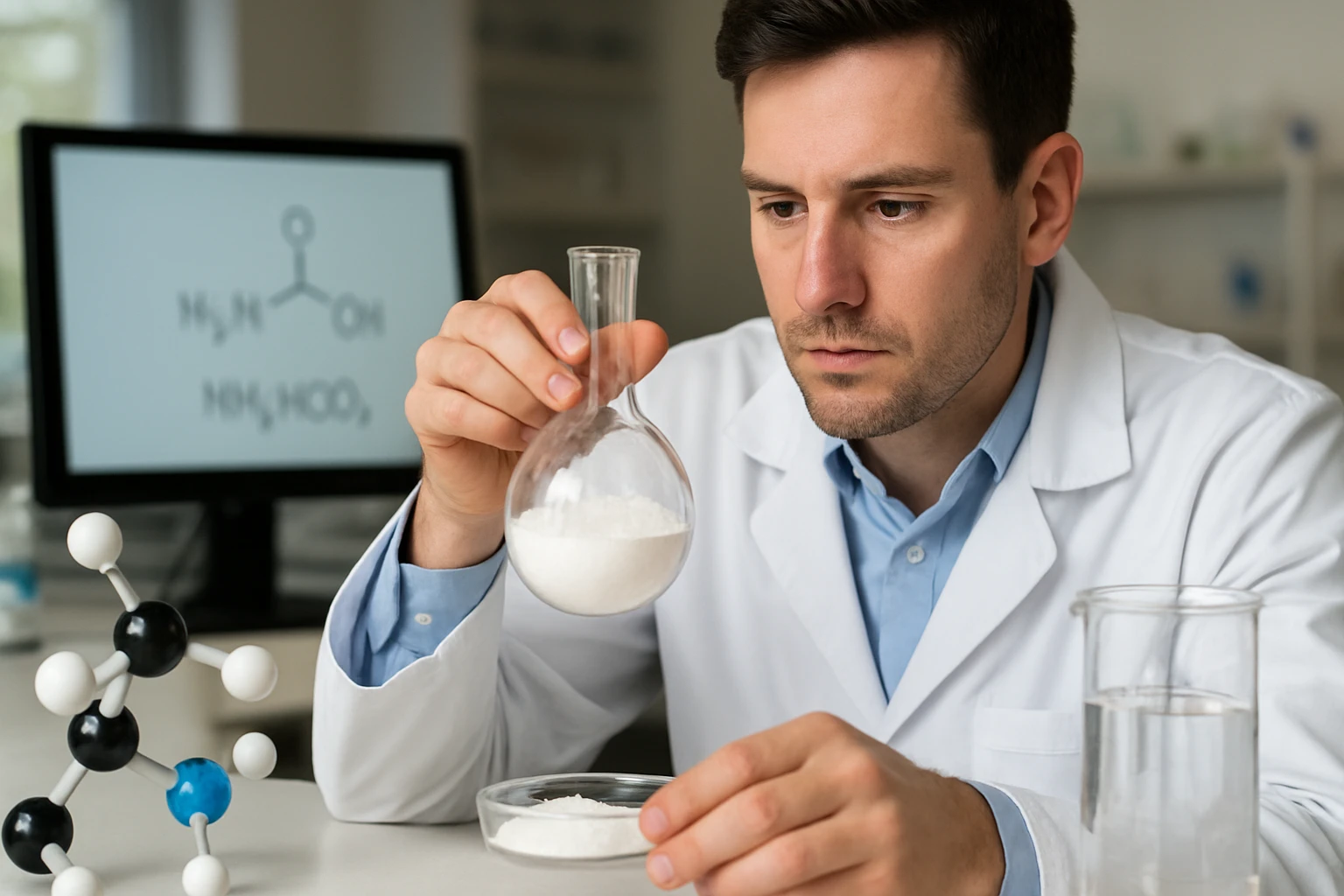 Egy laboratóriumi szakember kémcsőben fehér port vizsgál, háttérben molekulamodellek.