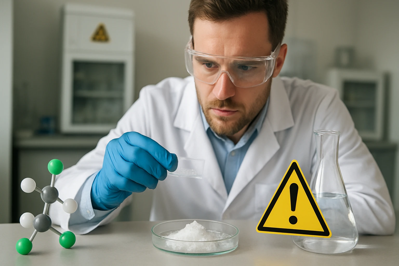 Egy laboratóriumban dolgozó férfi kémiai anyagot vizsgál, védőfelszerelésben.