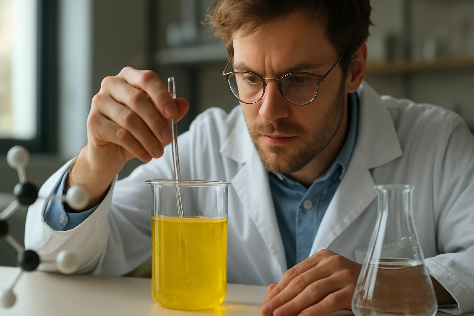 Egy fiatal tudós sárga folyadékot kever egy kémcsőben laboratóriumi környezetben.