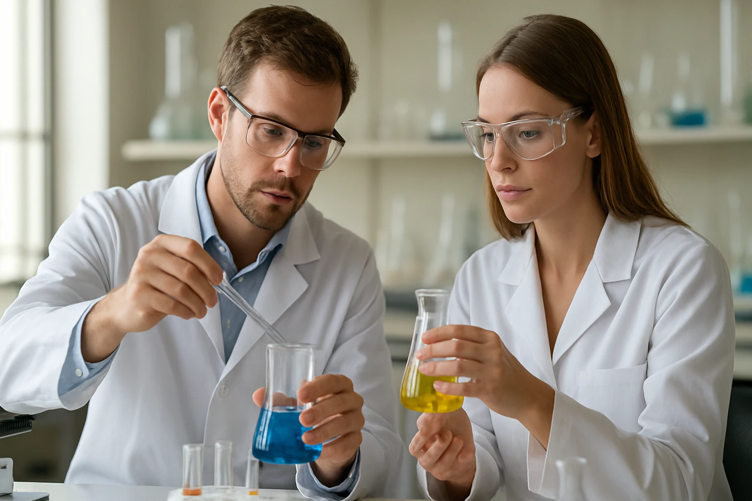 Két tudós laboratóriumban kémiai kísérletet végez, különböző folyadékokat kevernek.