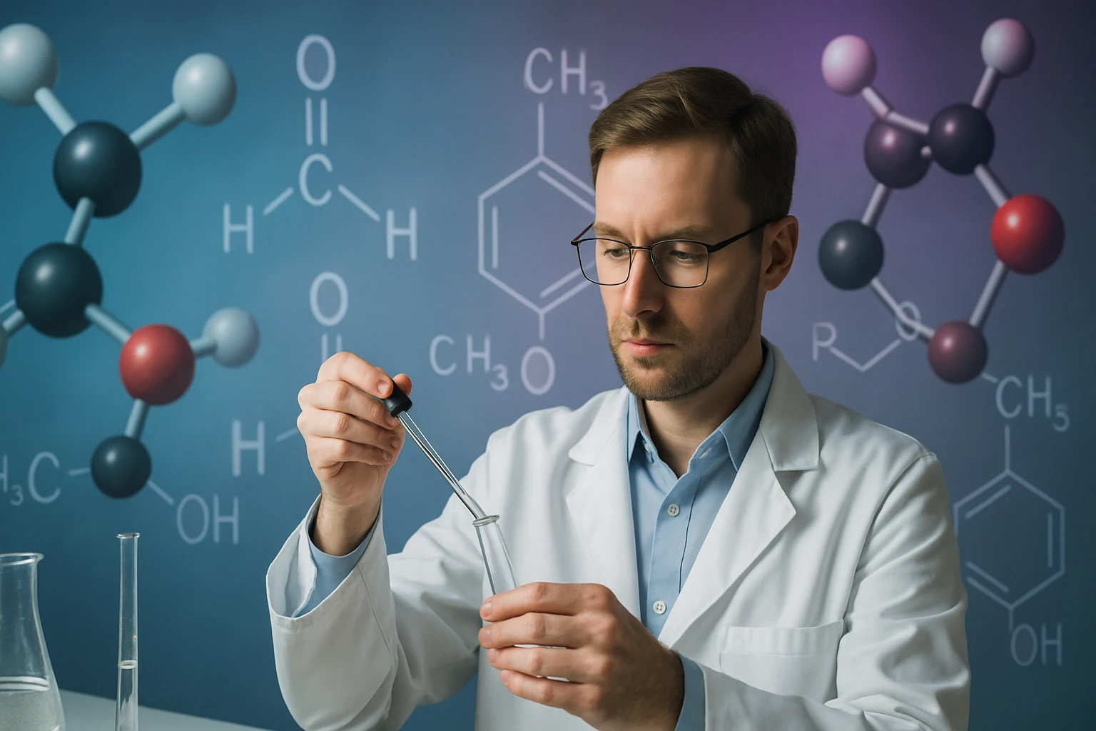 Egy tudós pipettával kémiai anyagot mér egy laboratóriumban, háttérben molekulák.