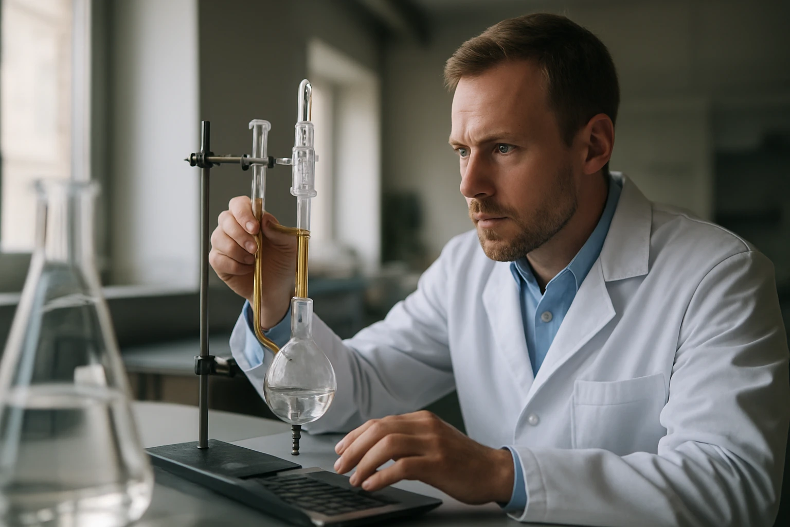 Egy laboratóriumban dolgozó férfi, aki kémiai kísérletet végez.