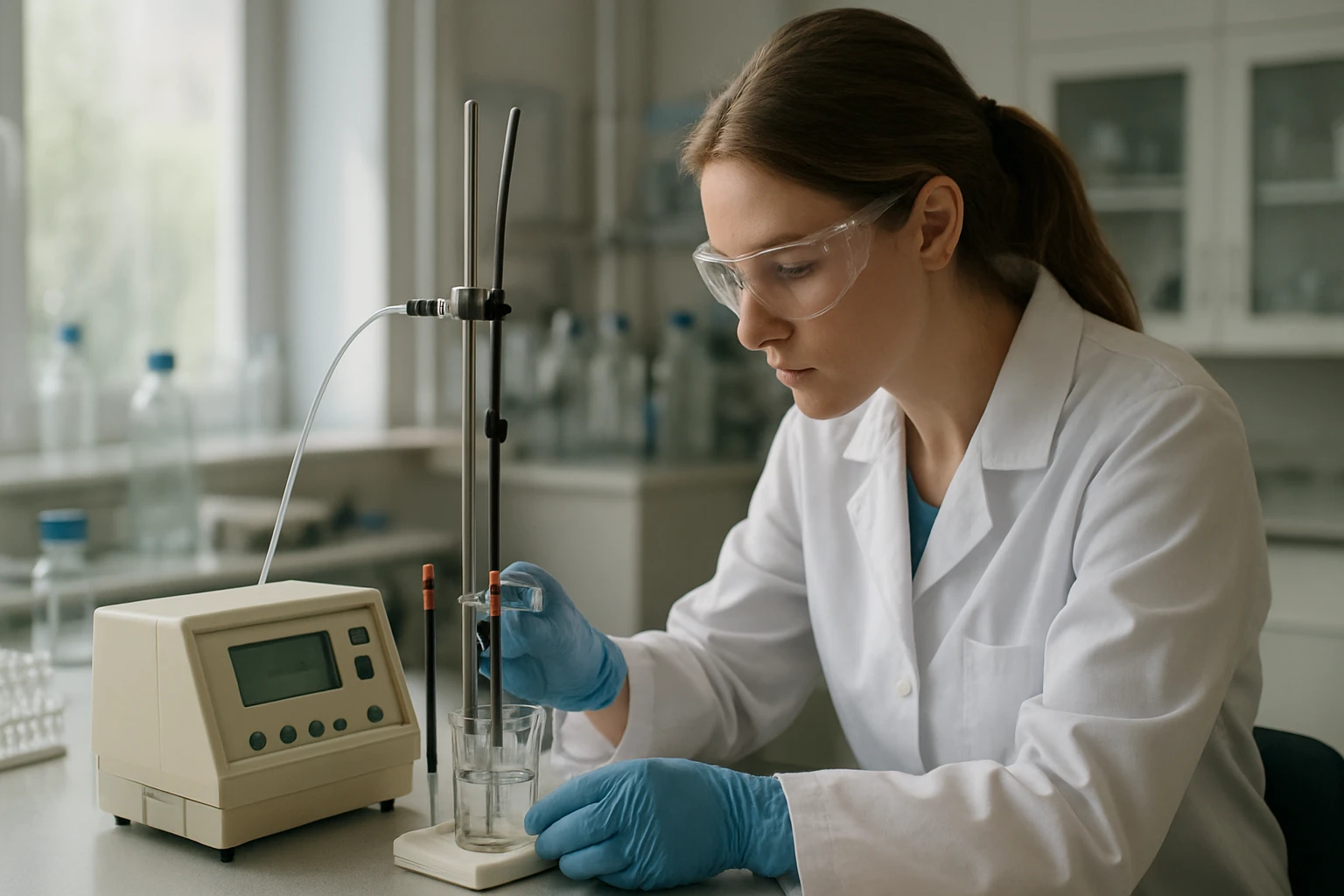 Egy fiatal nő laboratóriumban kémiai kísérletet végez, védőszemüvegben és kesztyűben.