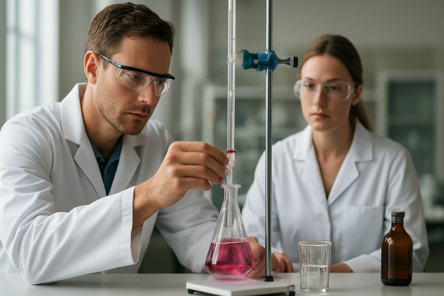 Két kutató laboratóriumban, kémcsövekkel és oldatokkal dolgozik.