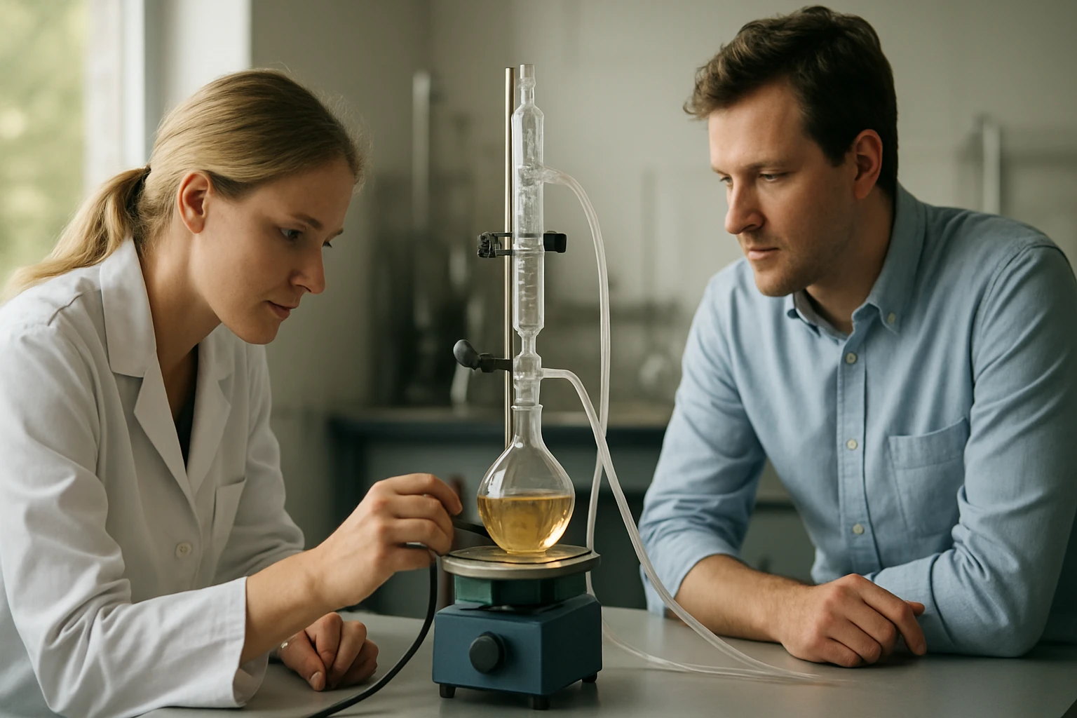 Két kutató laboratóriumban, egy kémiai kísérletet végeznek.