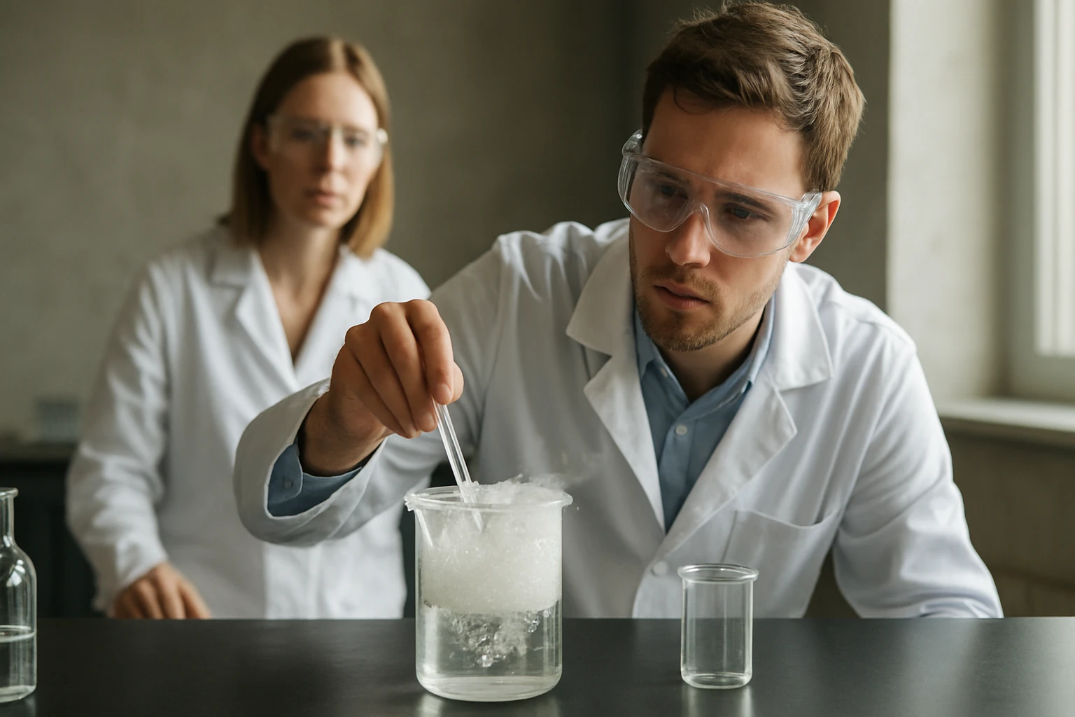 Két tudós laboratóriumban kémiai kísérletet végez, az egyik kever egy oldatot.