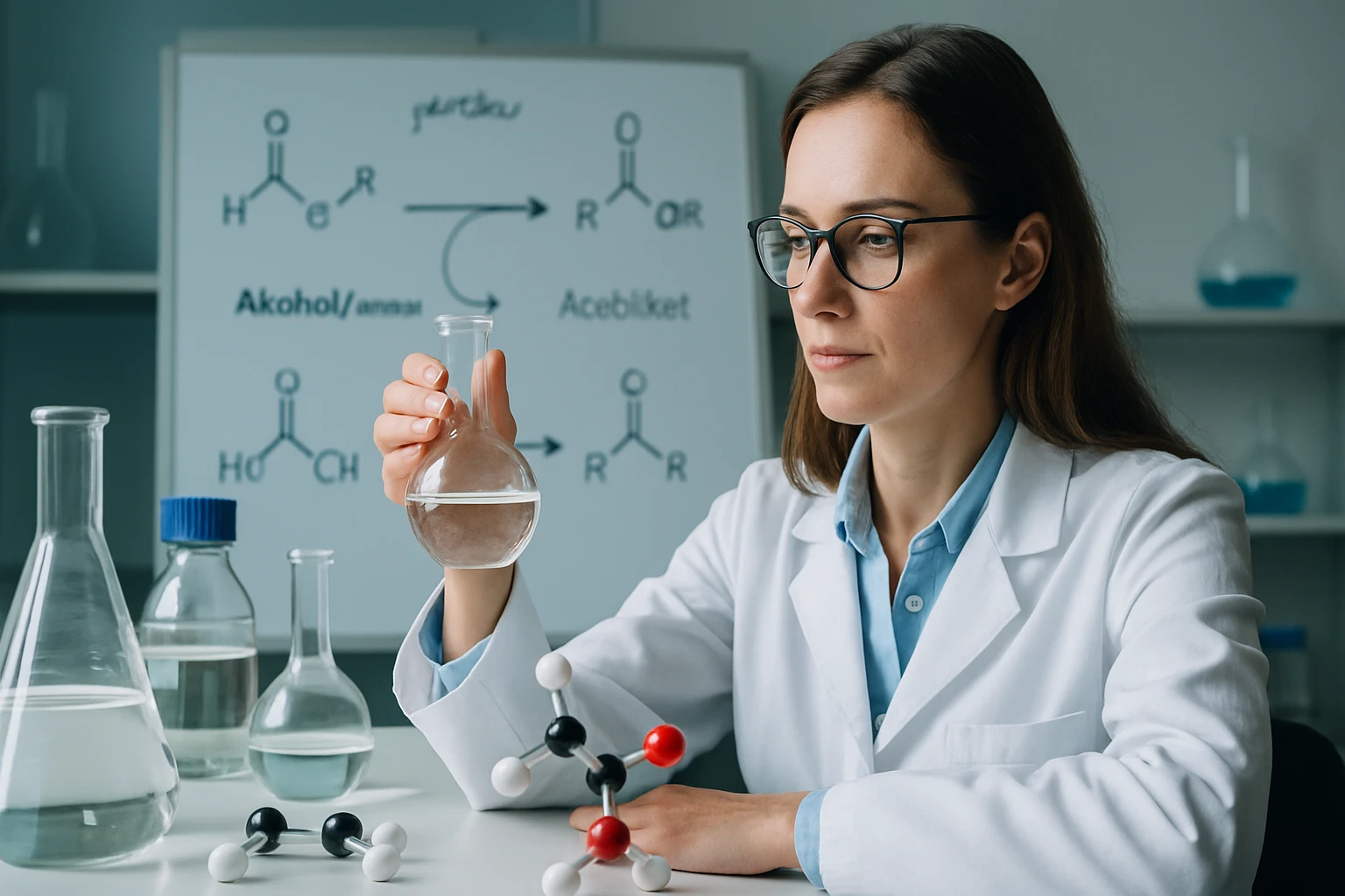 Egy nő laboratóriumban kémcsövet tart a kezében, mögötte kémiai képletek láthatók.