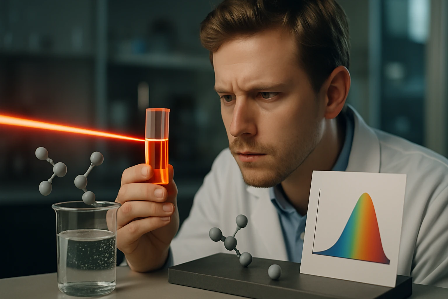 Egy tudós vörös folyadékot vizsgál egy kémcsőben, miközben lézersugár irányul rá.