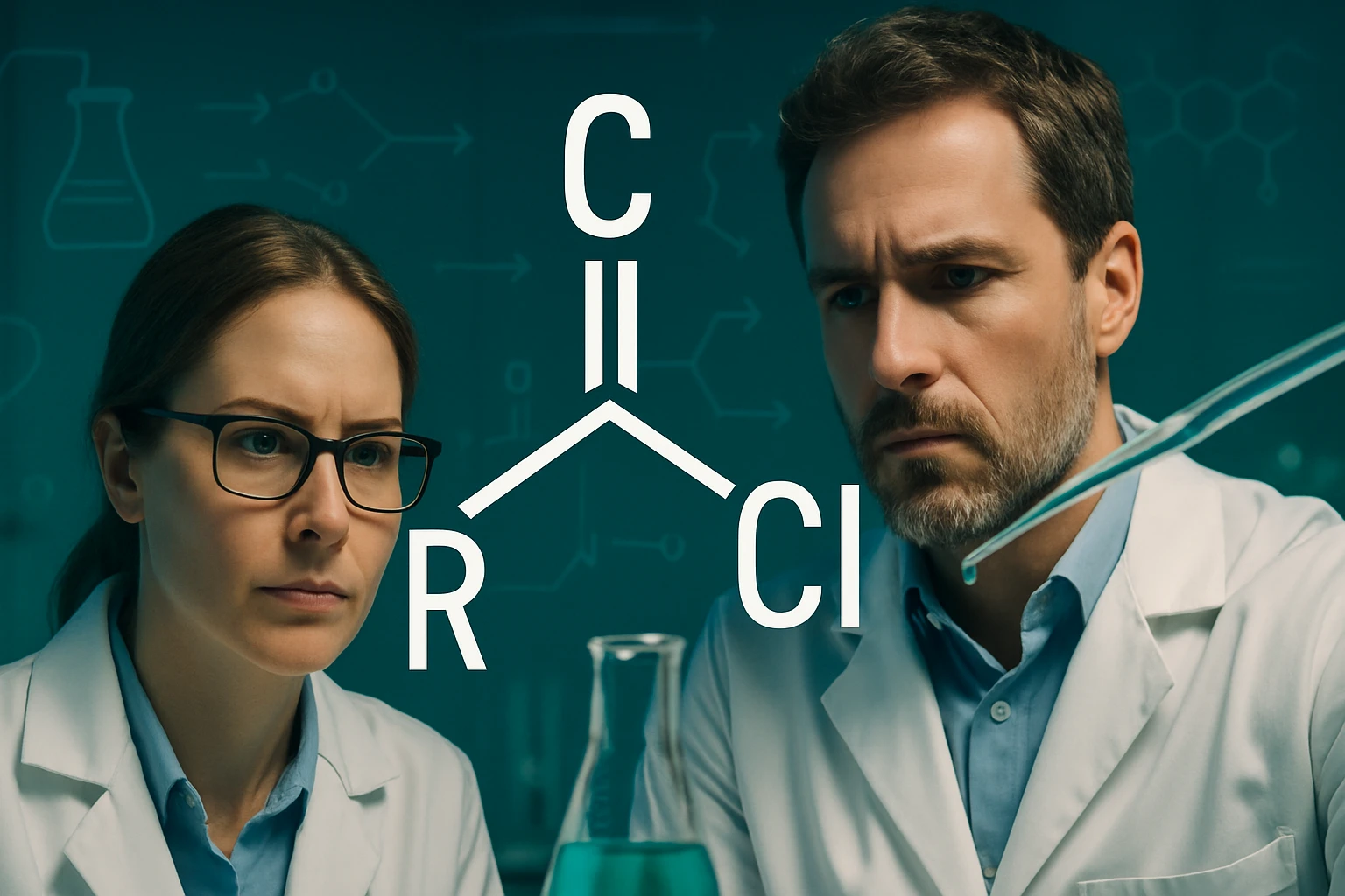 Két tudós laboratóriumban, kémiai kísérlet közben, háttérben molekulák.