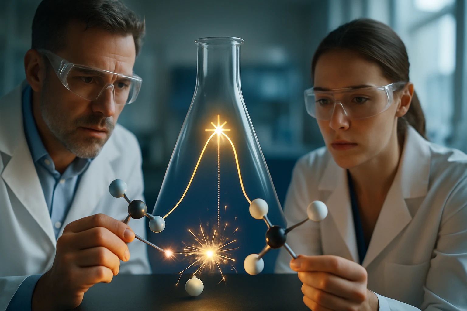 Két tudós kémiai kísérletet végez, molekulamodelleket tartanak a kezükben.