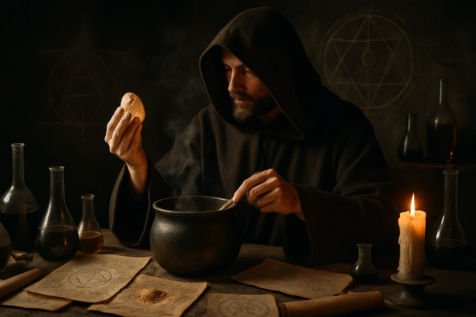 Egy férfi, aki kémiai kísérletet végez, füstölgő üst mellett áll.