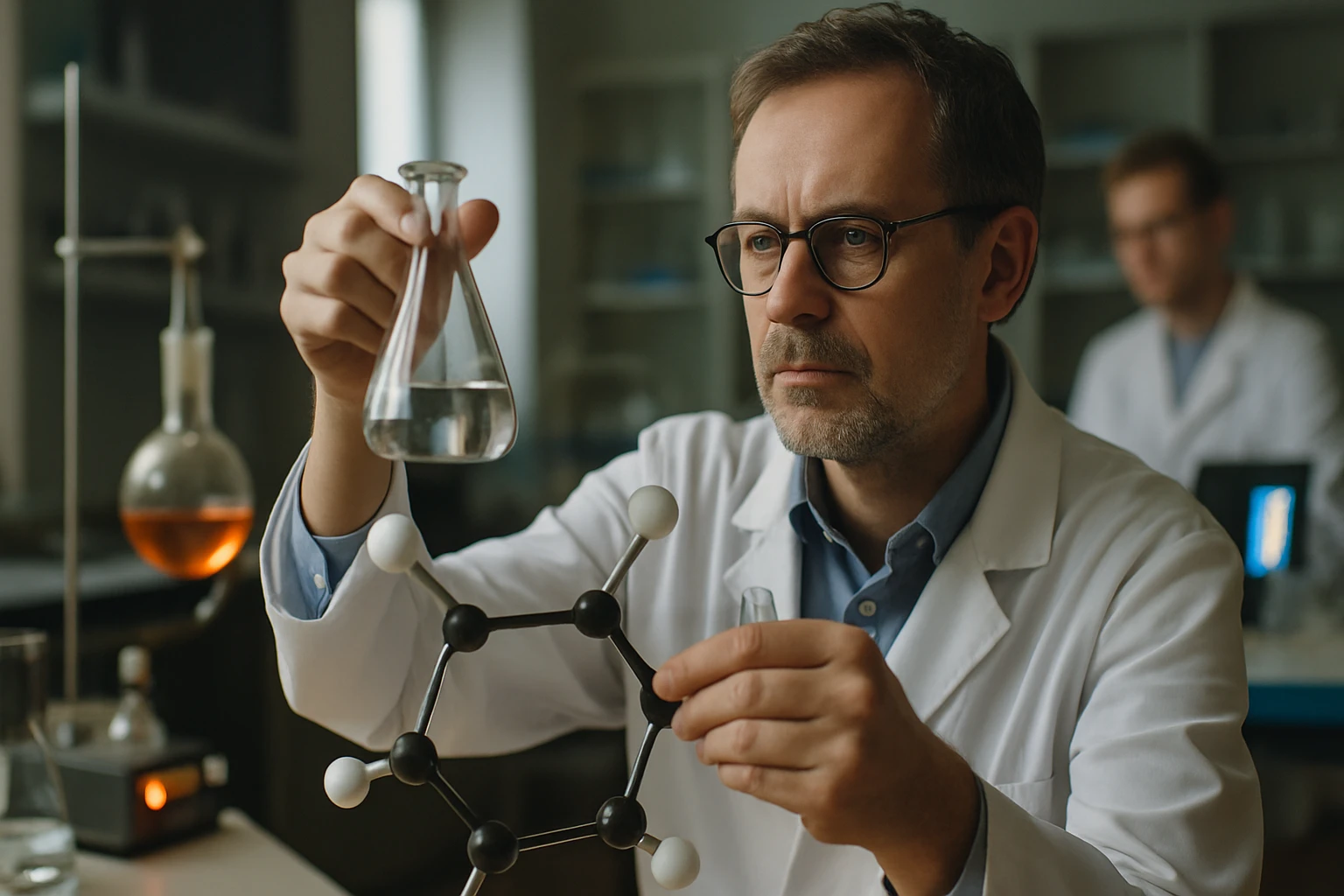 Egy laboratóriumban dolgozó tudós, aki egy kémcsőben vizsgál egy folyadékot.