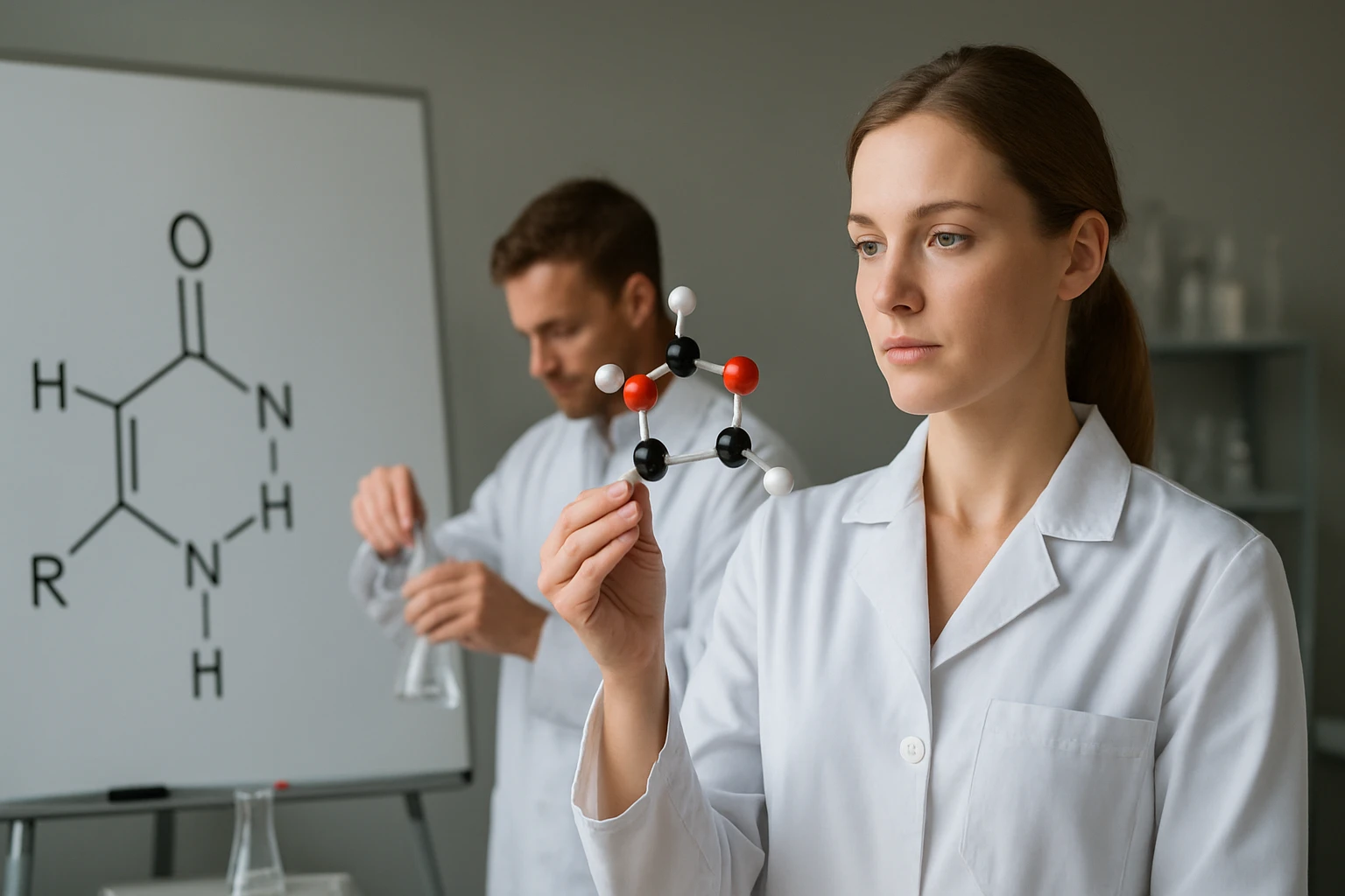 Két tudós laboratóriumban dolgozik, az egyik molekulát tart a kezében.