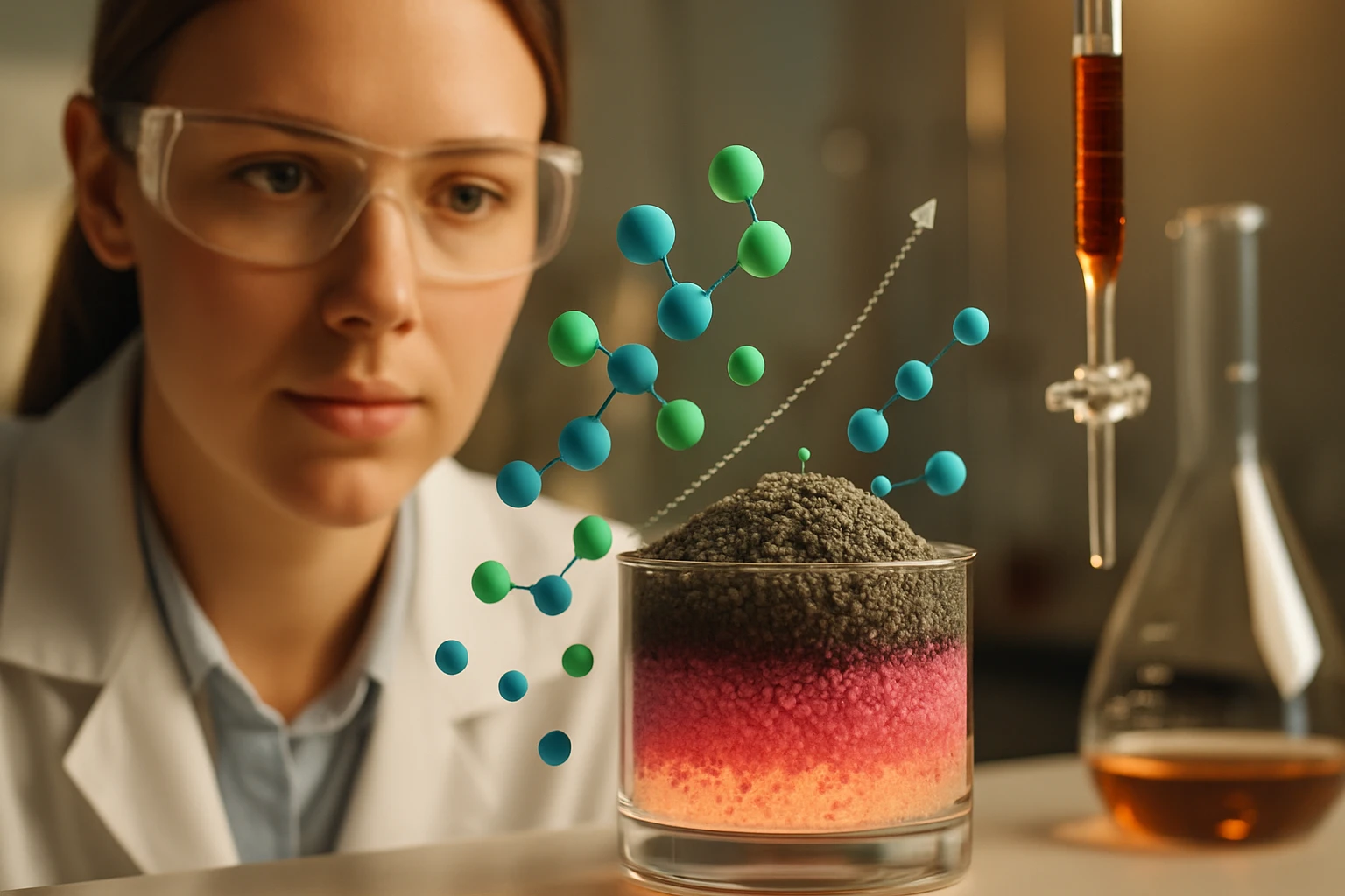 Egy fiatal nő laboratóriumban, kémiai kísérlet közben, színes molekulák lebegnek a por felett.