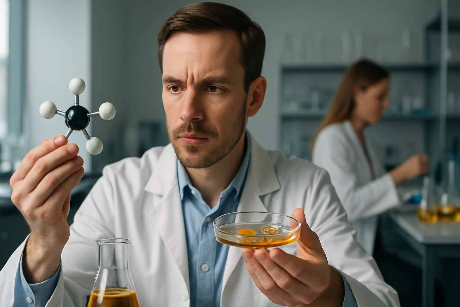 Egy férfi laboratóriumban molekulamodellel és kémcsővel dolgozik.