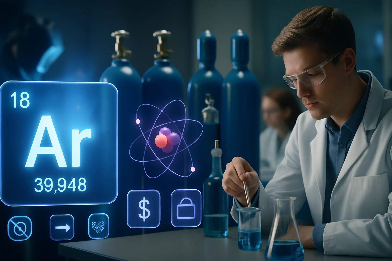 Egy fiatal tudós laboratóriumban, kémcsövek és gáztartályok között dolgozik.