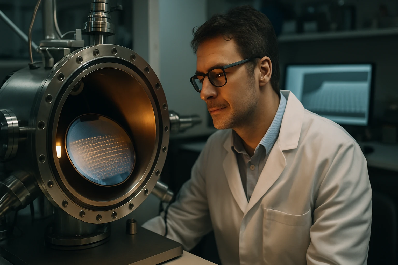 Egy tudós figyel egy kémiai berendezésre, amelyben kísérletek zajlanak.