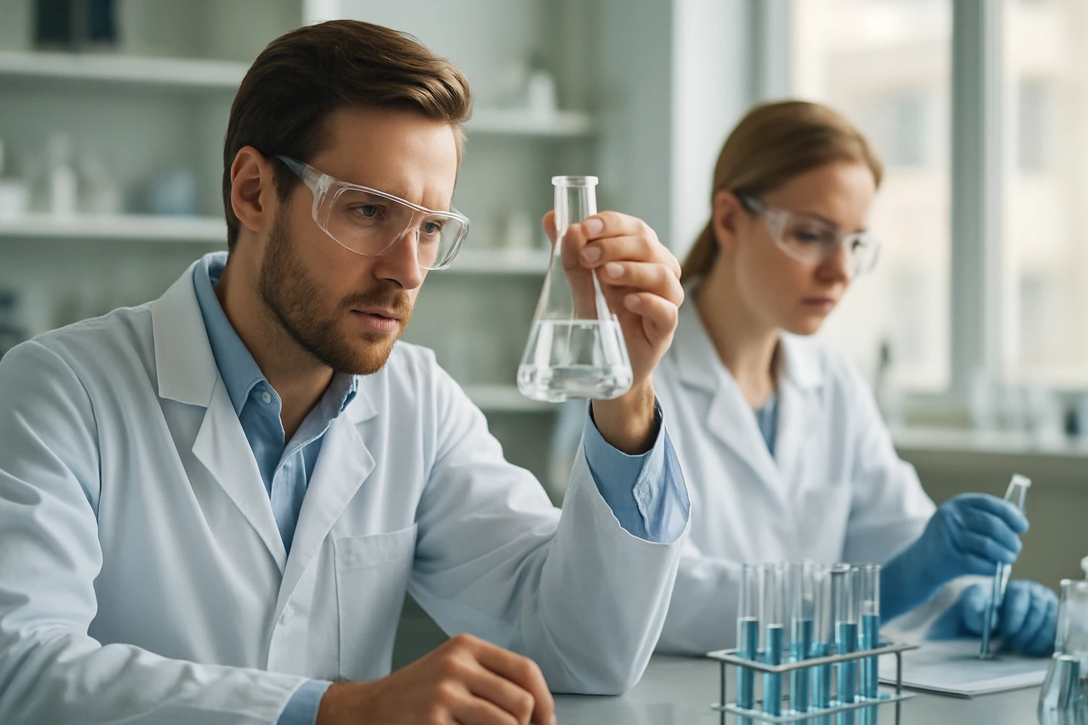 Két laboratóriumi dolgozó kémiai kísérleteket végez, az egyik üvegpalackot vizsgálja.