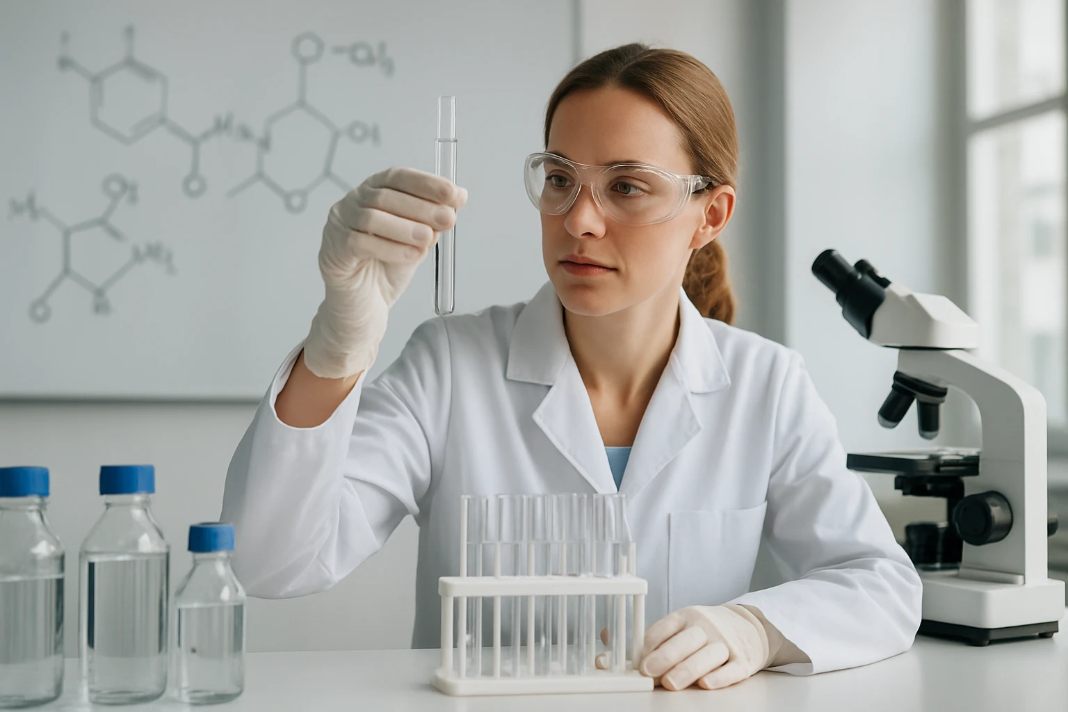 Egy női kutató laboratóriumban kémcsövet vizsgál, miközben kémiai struktúrák láthatók a háttérben.