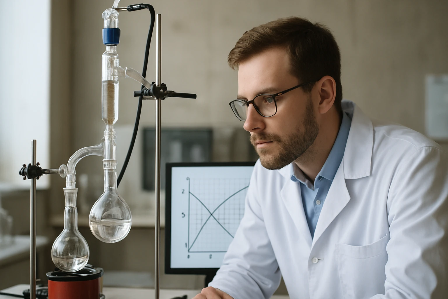 Egy laboratóriumban dolgozó férfi, kémiai berendezésekkel és grafikonokkal.