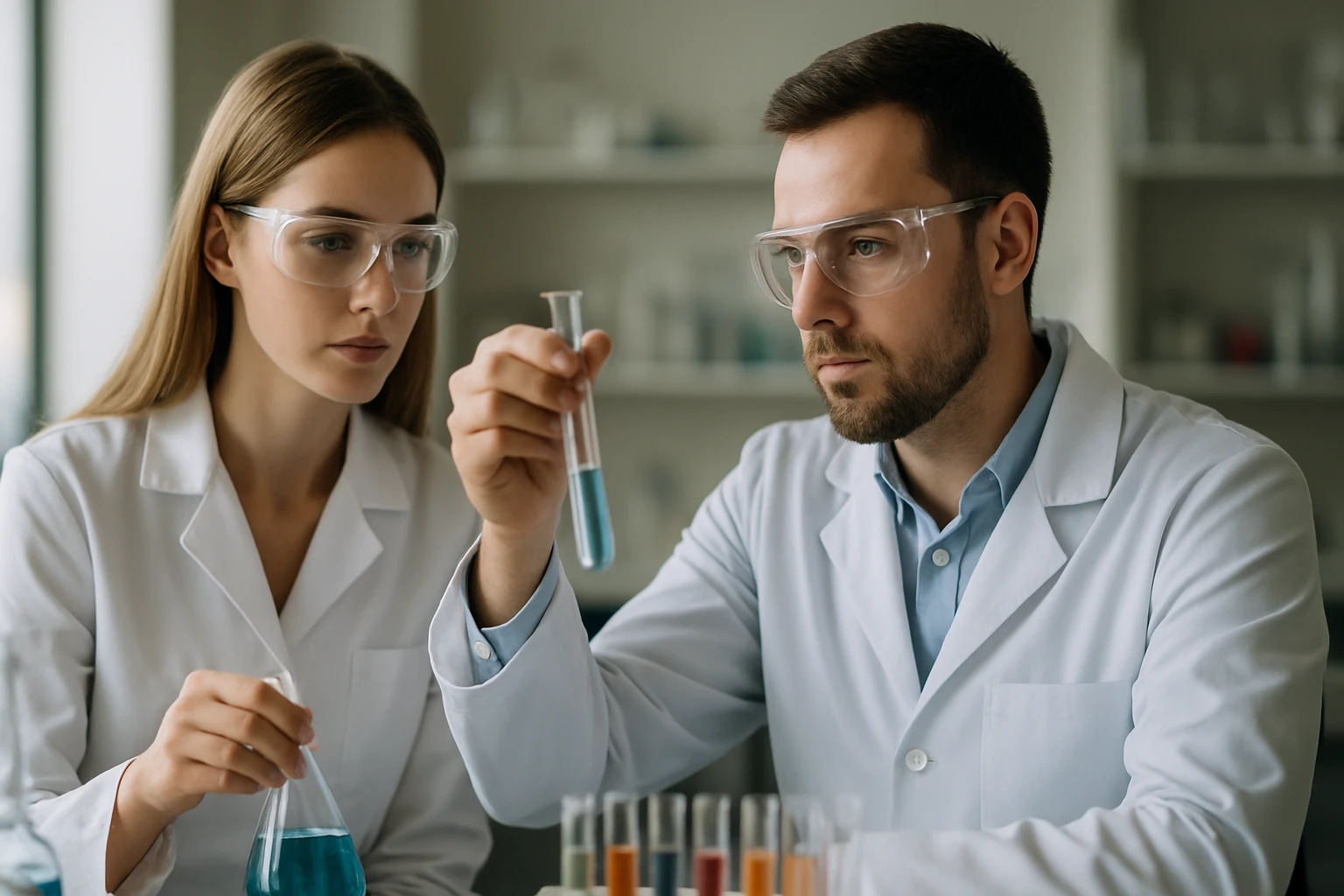 Két laboratóriumi szakember kémcsöveket vizsgál, kék folyadékkal.