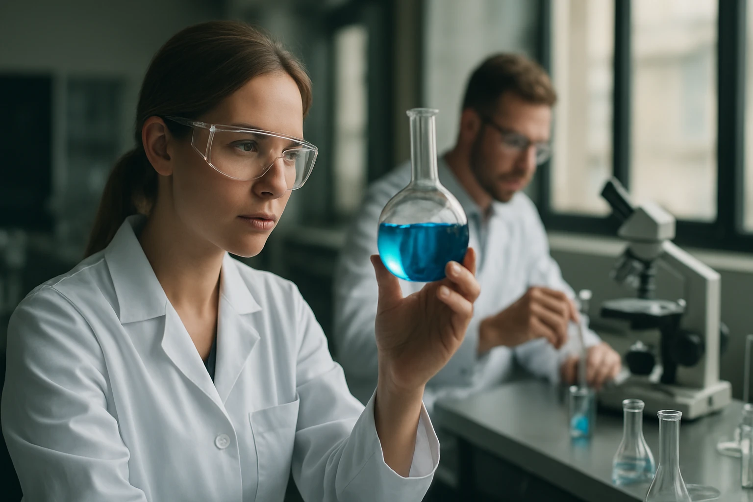 Egy fiatal nő laboratóriumi köpenyben kék folyadékot tart egy kémcsőben.