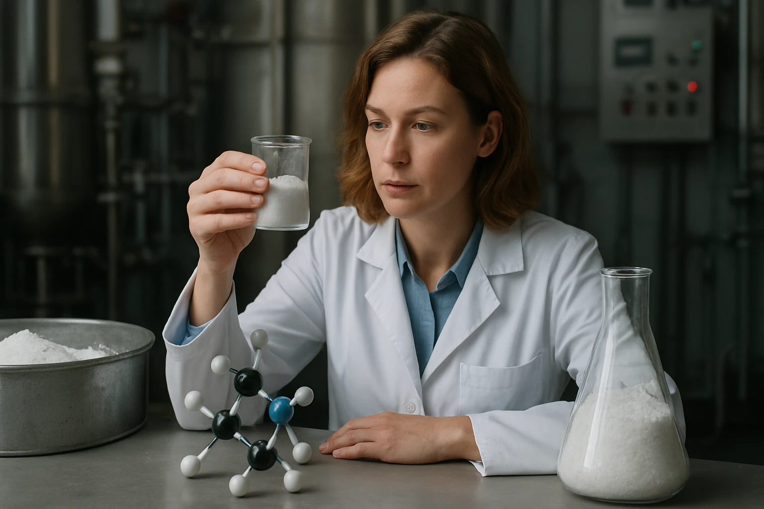 Egy nő laboratóriumi köpenyben, egy pohárban fehér port tartva, miközben egy molekulamodellel dolgozik.