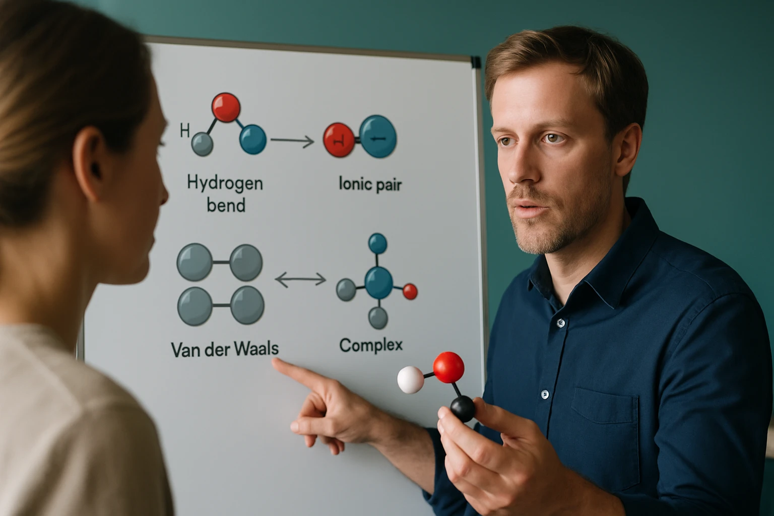 Egy férfi kémiai modelleket mutat be egy nőnek, háttérben kémiai reakciók diagramja.