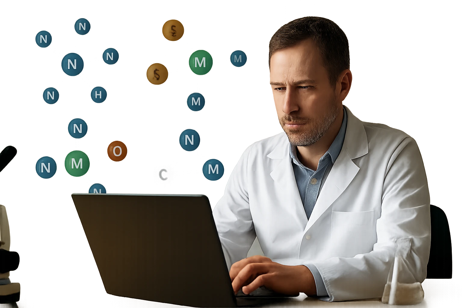 Egy laboratóriumi köpenyt viselő férfi számítógépen dolgozik, háttérben molekulák láthatók.