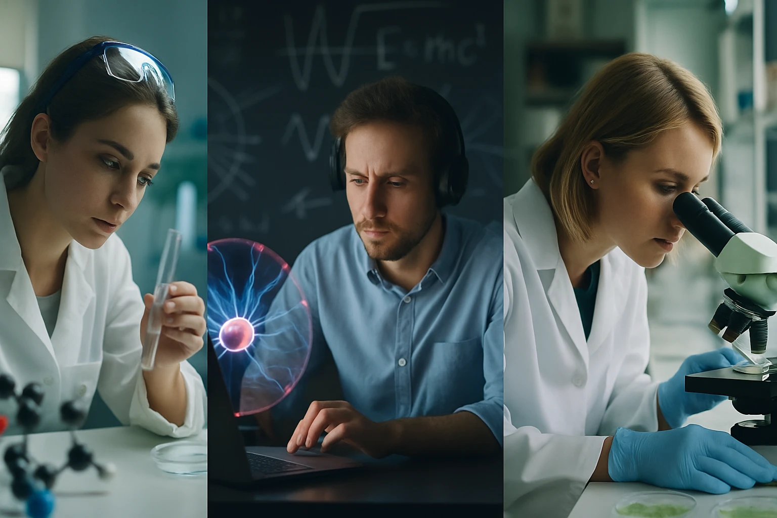 Három tudós különböző laboratóriumi tevékenységet végez, kémiai kísérletek és elemzések során.