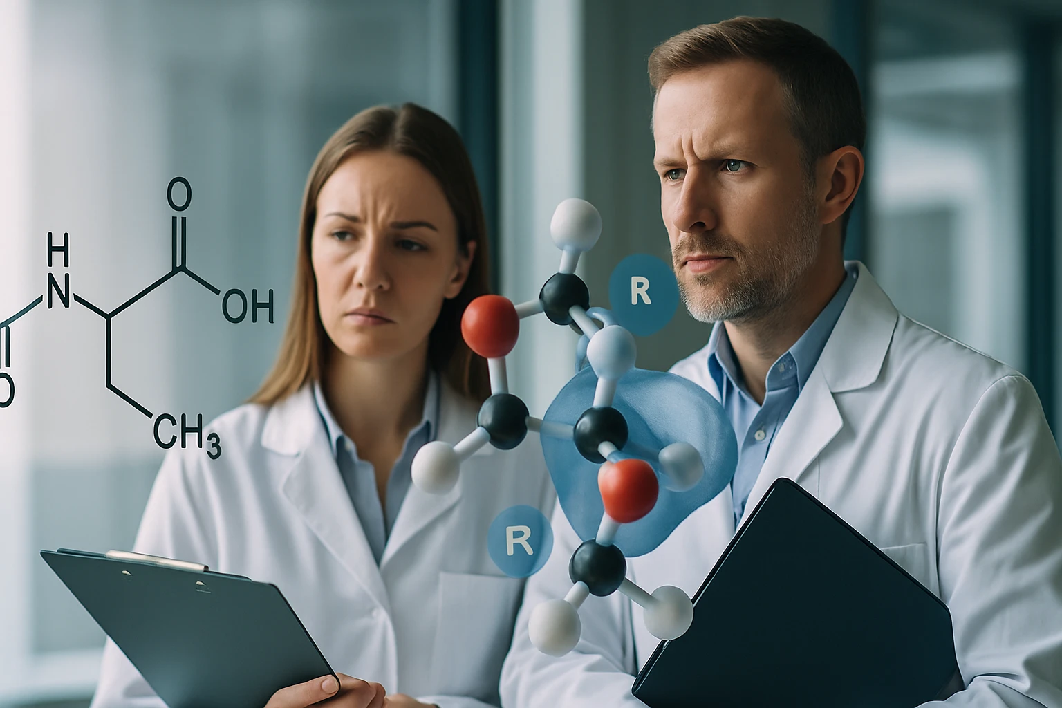 Két kutató, laboratóriumi köpenyben, molekuláris modellel és kémiai képlettel.