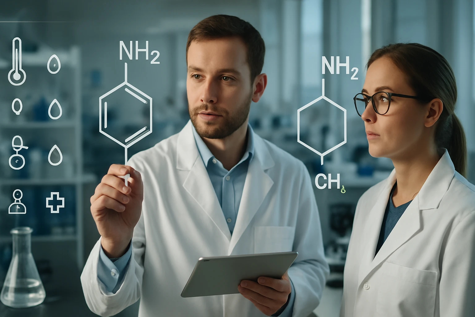 Két kutató laboratóriumban, kémiai szerkezeteket elemeznek táblagéppel.