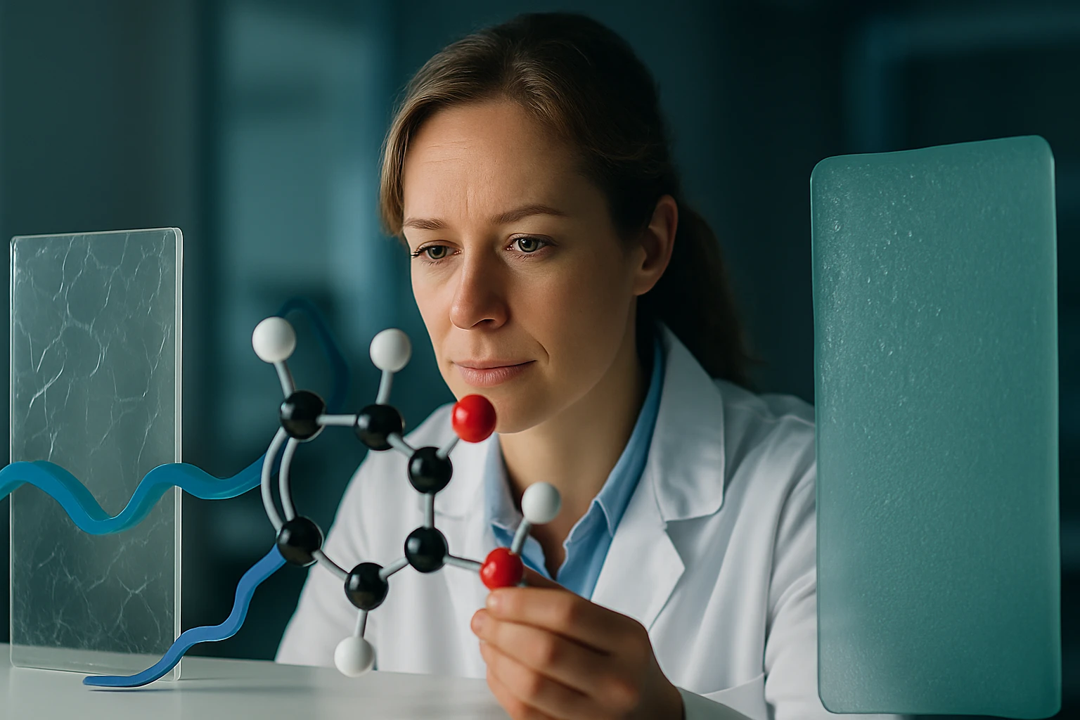 Egy nő laboratóriumban molekulamodelleket vizsgál, kémiai kutatás közben.