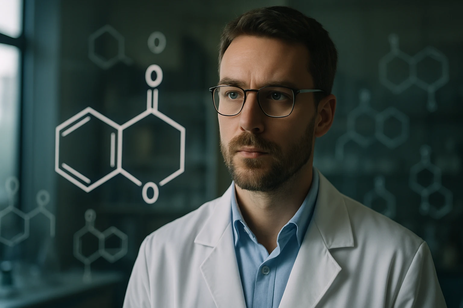 Egy férfi laboratóriumi köpenyben, háttérben kémiai struktúrák láthatók.