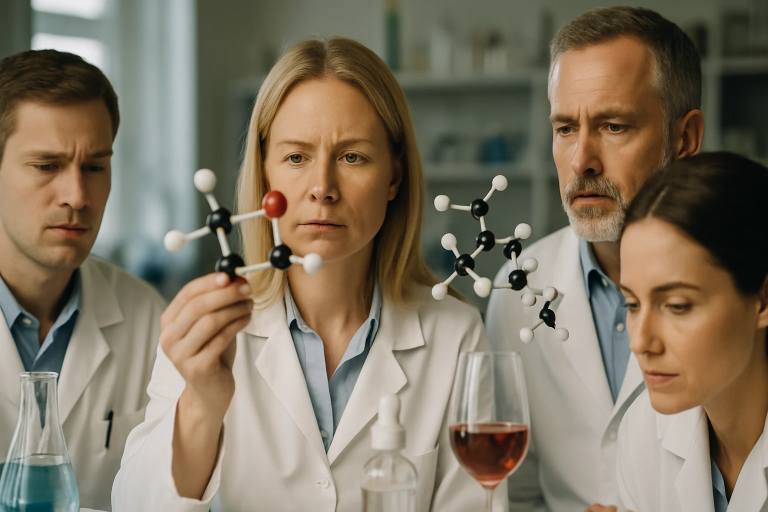 Kémikusok egy laboratóriumban molekulamodelleket vizsgálnak, figyelmesen elemzik az összetevőket.