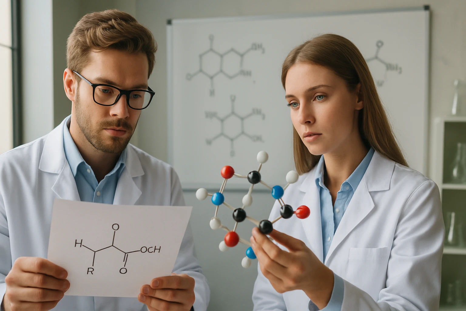 Két fiatal kutató laboratóriumban, molekulamodellel és kémiai képlettel.