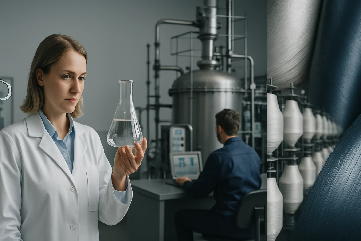 Egy nő laboratóriumban kémcsövet tart a kezében, mögötte gépek láthatók.