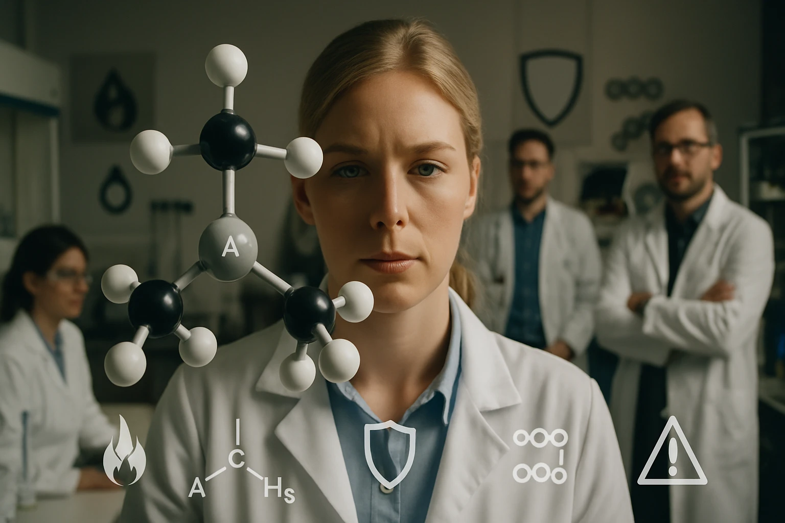 Egy női kutató a laborban, mögötte kollégák, egy molekula modell látható.