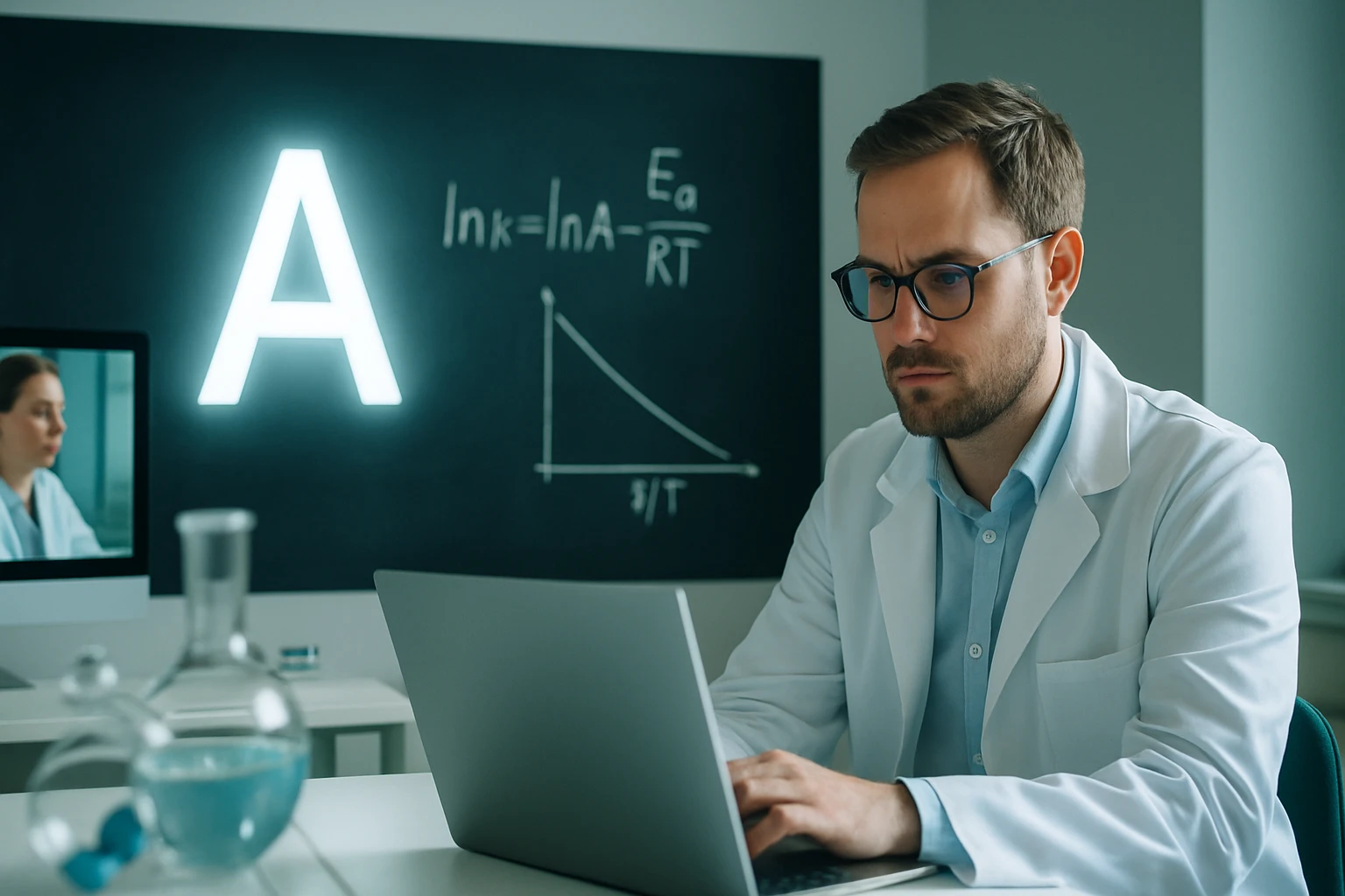 Egy laboratóriumban dolgozó férfi, aki számítógépen kémiai egyenleteket tanulmányoz.