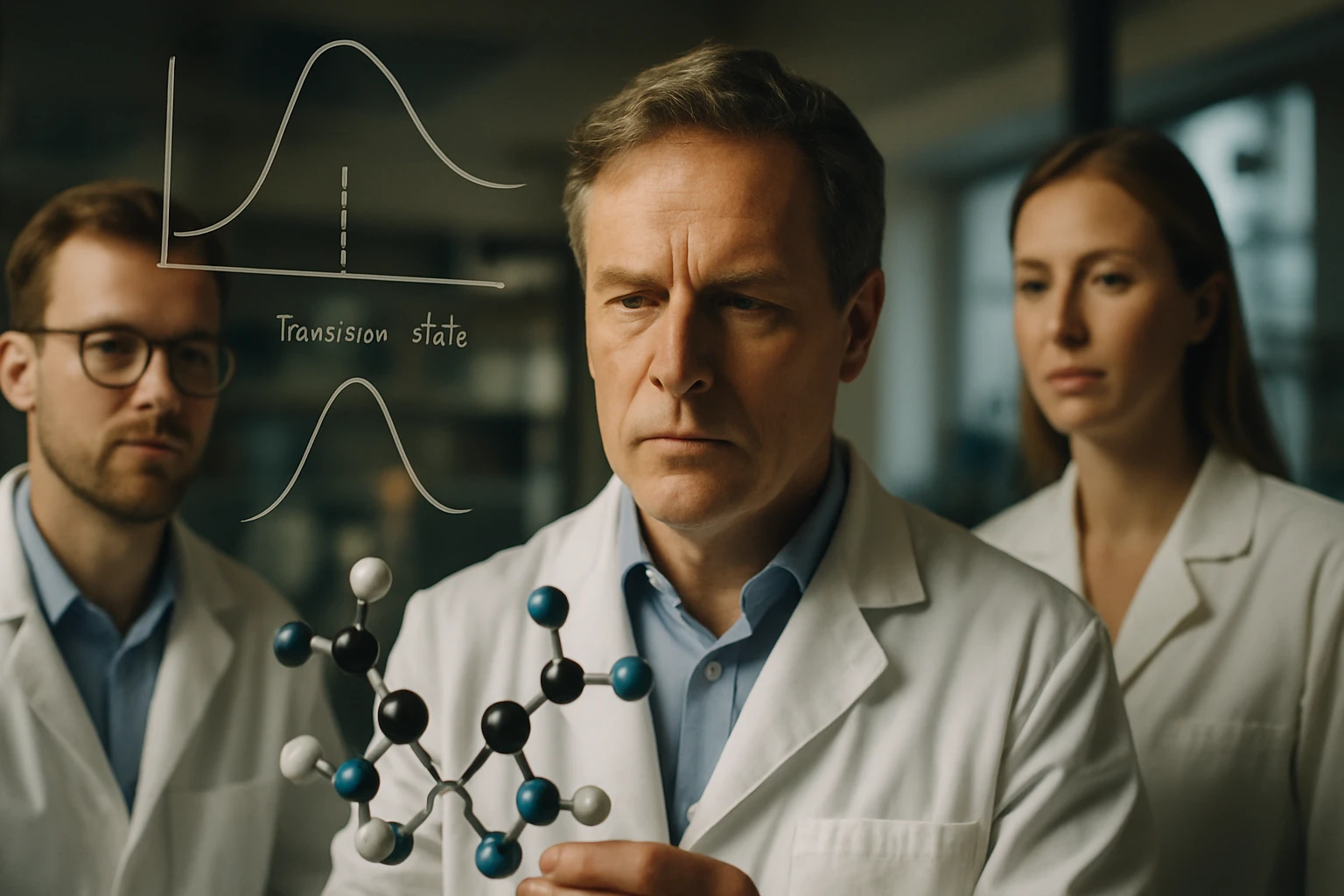 Két kutató figyeli a kémiai modellt, miközben a harmadik a transzíciós állapotot elemzi.