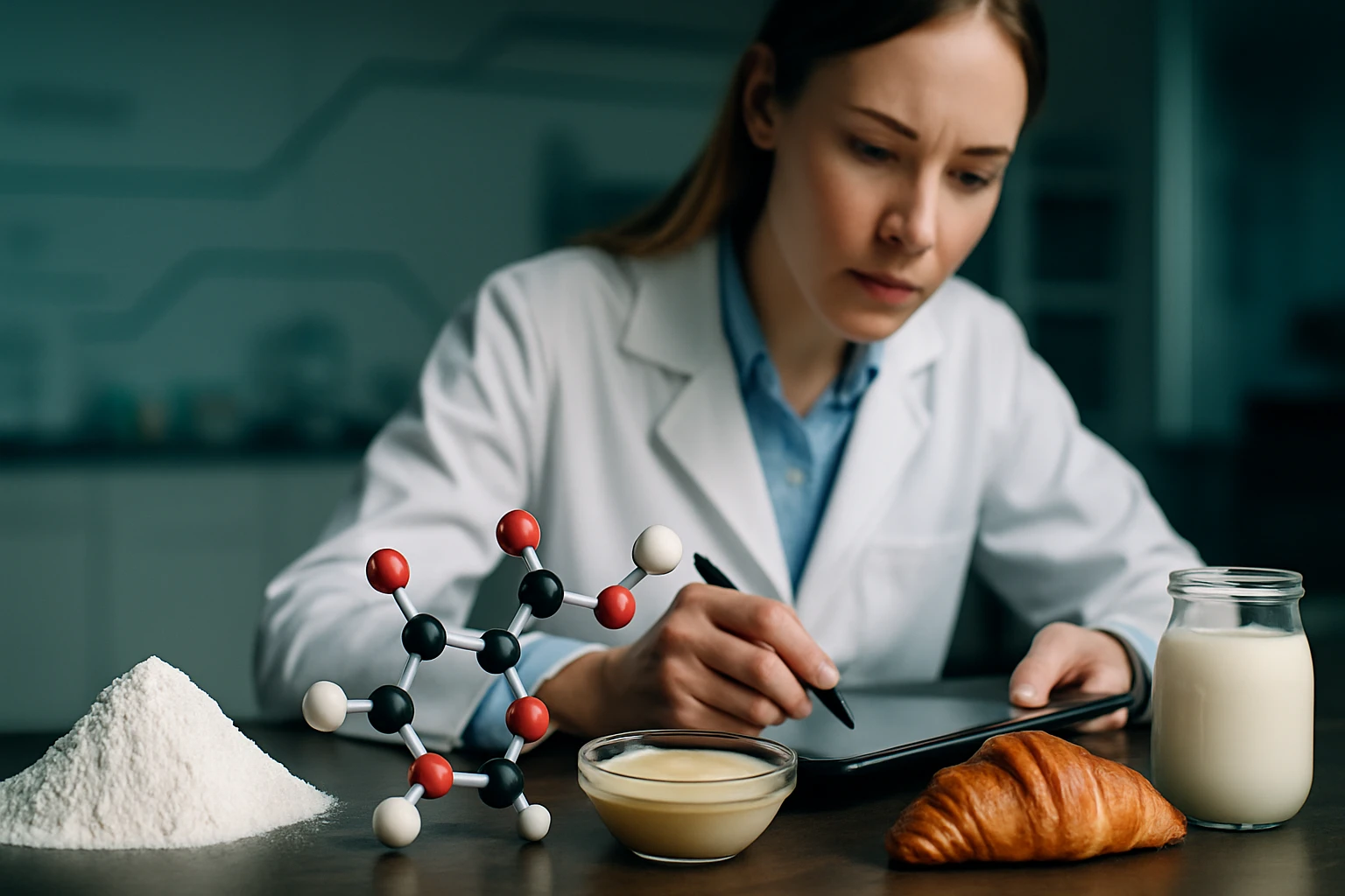 Egy nő laboratóriumi köpenyben, kémiai modellek és élelmiszerek között dolgozik.