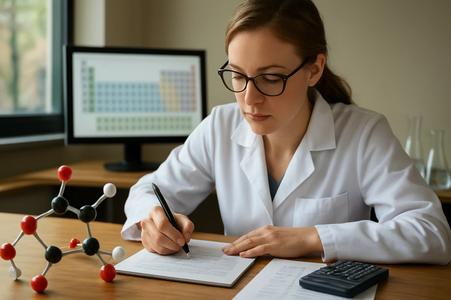 Egy fiatal nő fehér köpenyben, molekulamodellel és számológéppel dolgozik.
