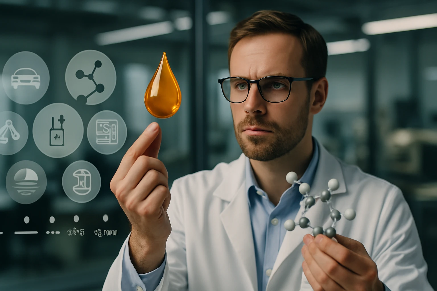 Egy tudós egy narancssárga cseppet és egy molekulamodelt tart a kezében.