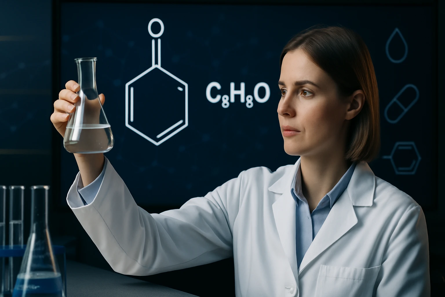 Egy női kutató kémcsövet tart a kezében, mögötte kémiai struktúrák láthatók.