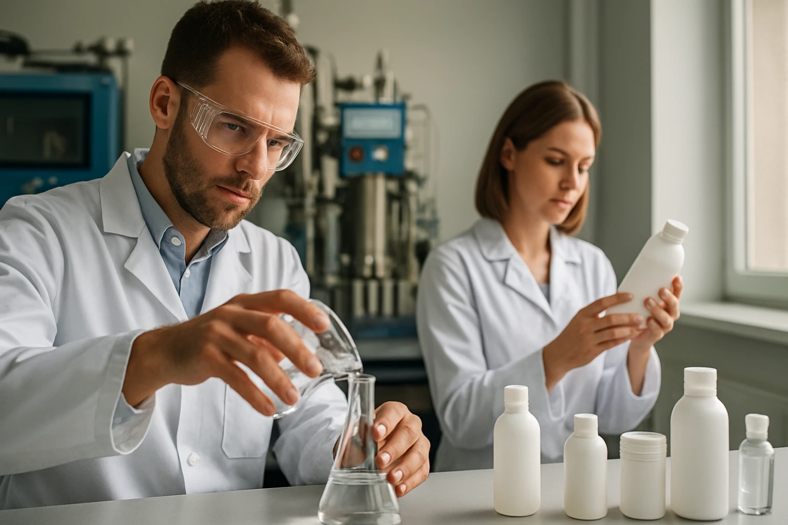 Két kutató laboratóriumban, az egyik kémcsőből folyadékot önt, a másik palackot vizsgál.