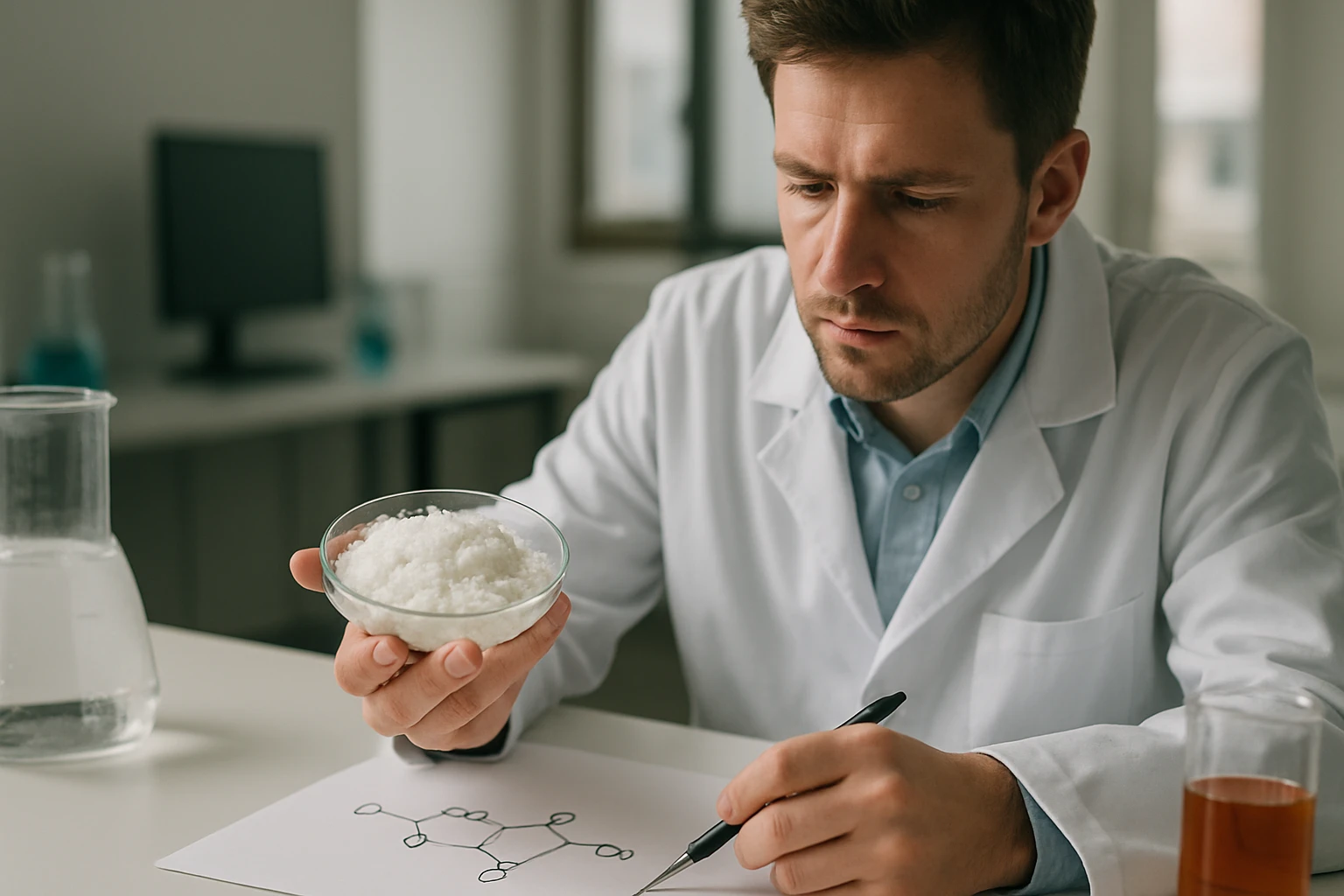 Egy kutató fehér köpenyben, egy tálban sót tartva, kémiai rajzot készít.