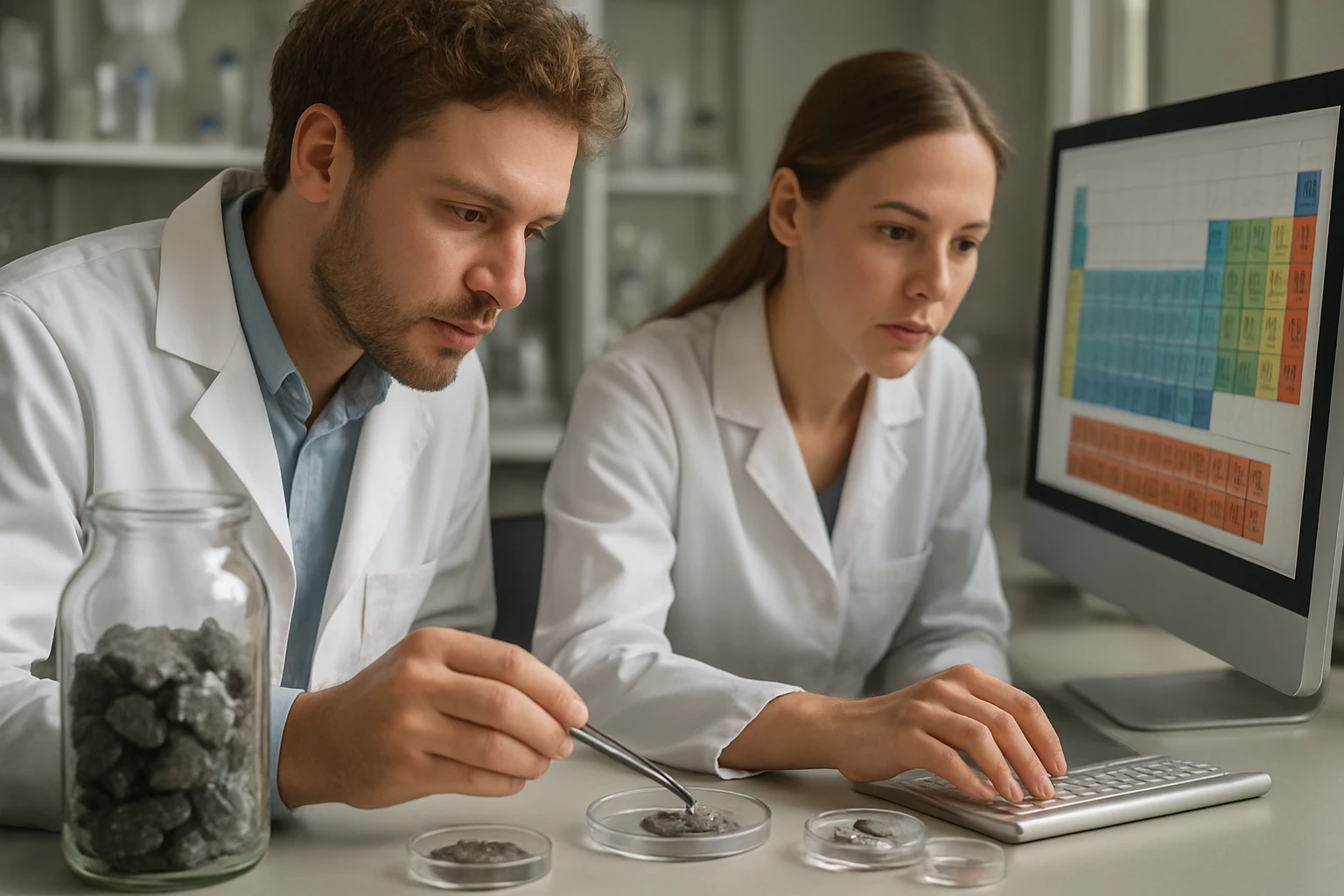 Két kutató laboratóriumban, kémiai anyagokat vizsgálnak és adatokat rögzítenek.