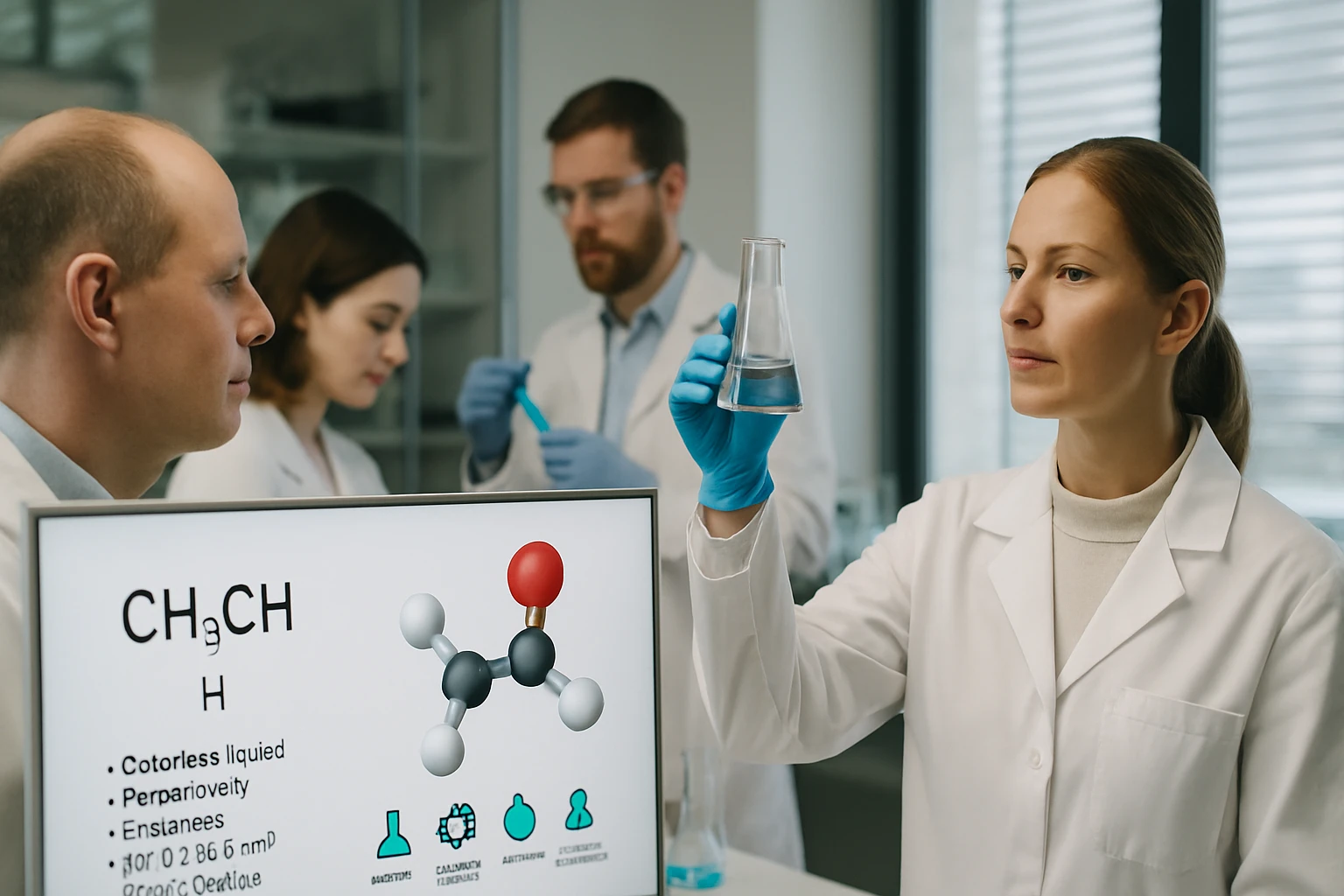 Laboratóriumi kutatók egy vegyületet vizsgálnak, kémcsővel és számítógépes kijelzővel.